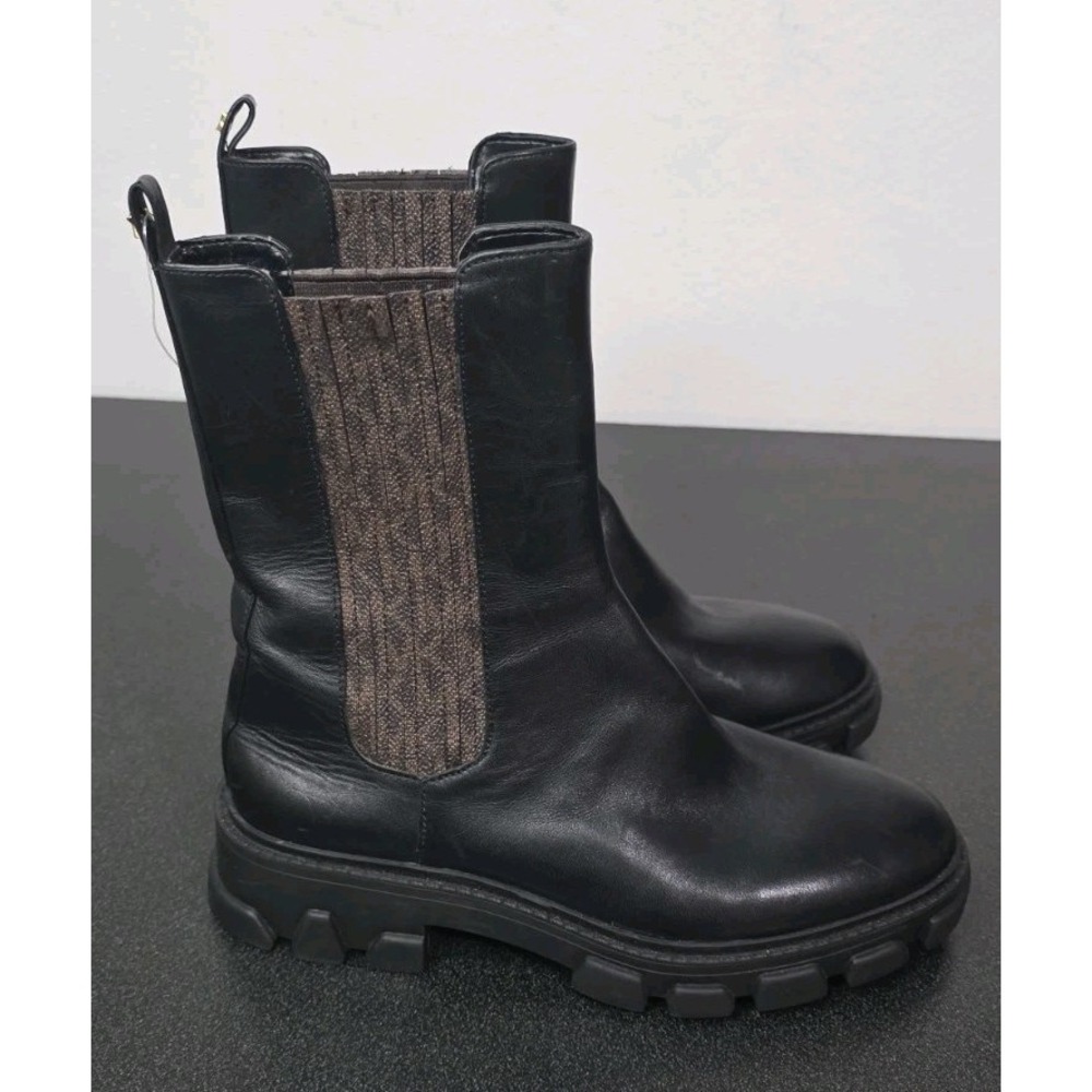 Michael Michael Kors Black Leather Logo Panel Ridley Chelsea Lug Boots Women 5M